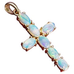 Australian Solid Opal Cross Pendant Necklace 18K Yellow Gold