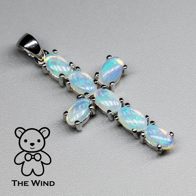 Taglio brillante Collana con ciondolo a forma di croce in opale massiccio australiano, argento 925 in vendita