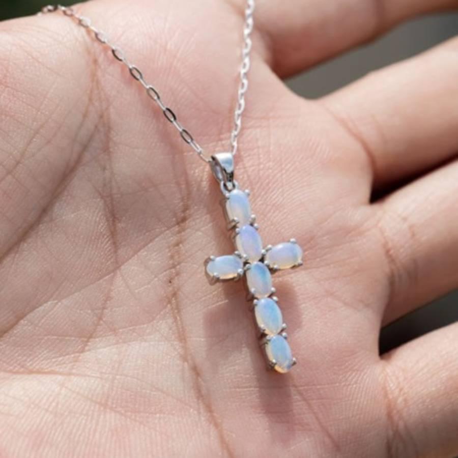 da uomo o donna Collana con ciondolo a forma di croce in opale massiccio australiano, argento 925 in vendita