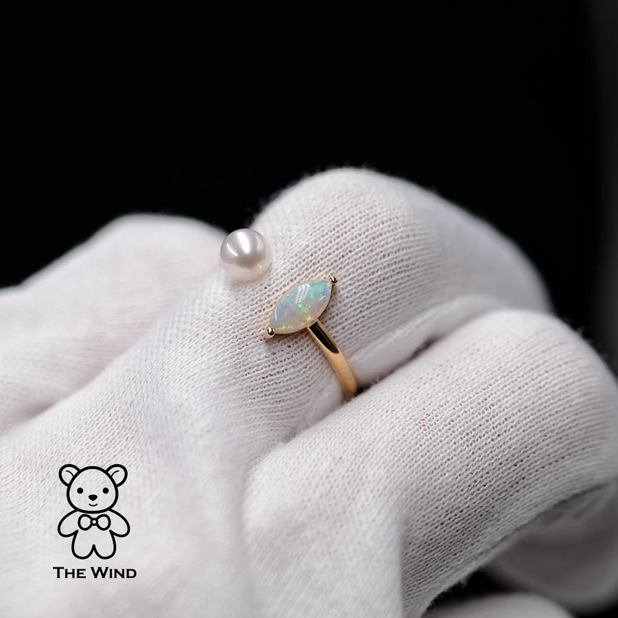 Australian Solid Opal with Akoya Pearl Open Adjustable Ring 18K Yellow Gold For Sale 5