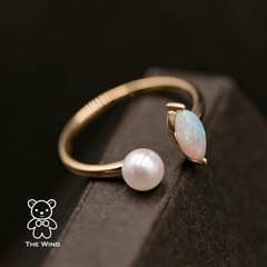 Schöne australische solide Opal mit Akoya Perle offen verstellbaren Ring 14K Gelb