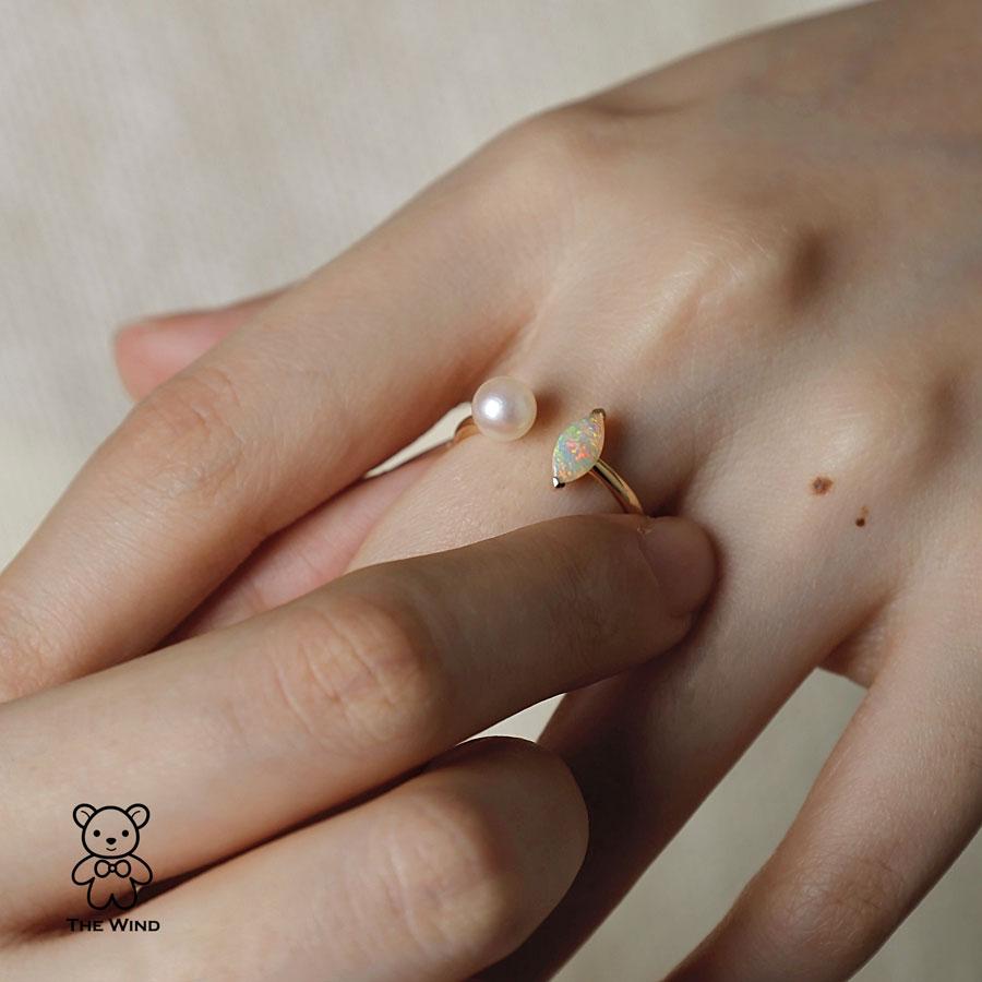 Arts and Crafts Australian Solid Opal with Akoya Pearl Open Adjustable Ring 18K Yellow Gold For Sale