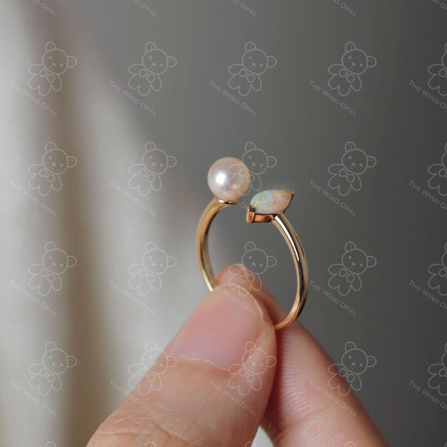 Ball Cut Australian Solid Opal with Akoya Pearl Open Adjustable Ring 18K Yellow Gold For Sale