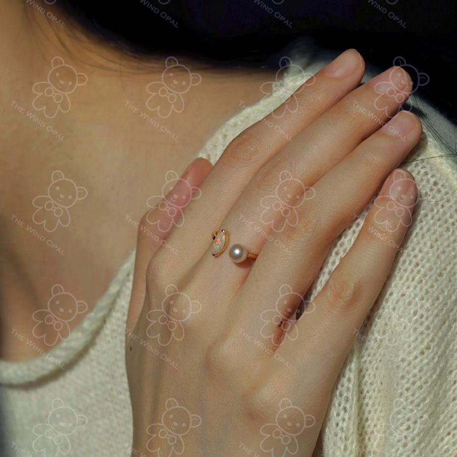 Brilliant Cut Australian Solid Opal with Akoya Pearl Open Adjustable Ring 18K Yellow Gold For Sale