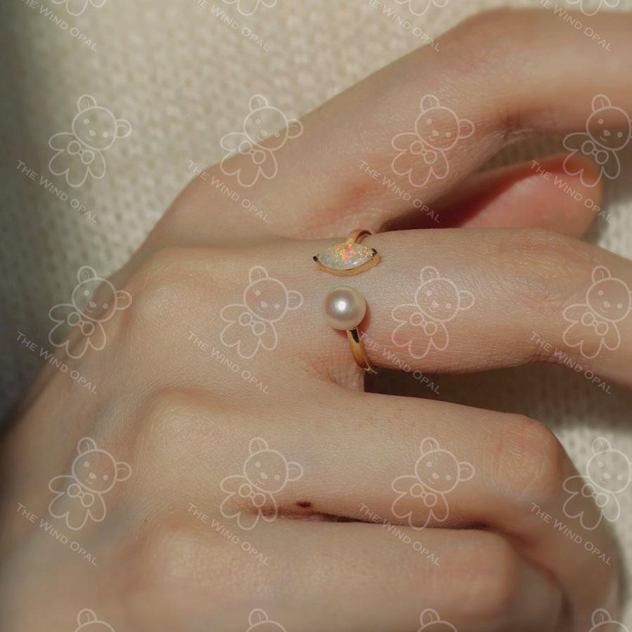 Australian Solid Opal with Akoya Pearl Open Adjustable Ring 18K Yellow Gold In New Condition For Sale In Suwanee, GA