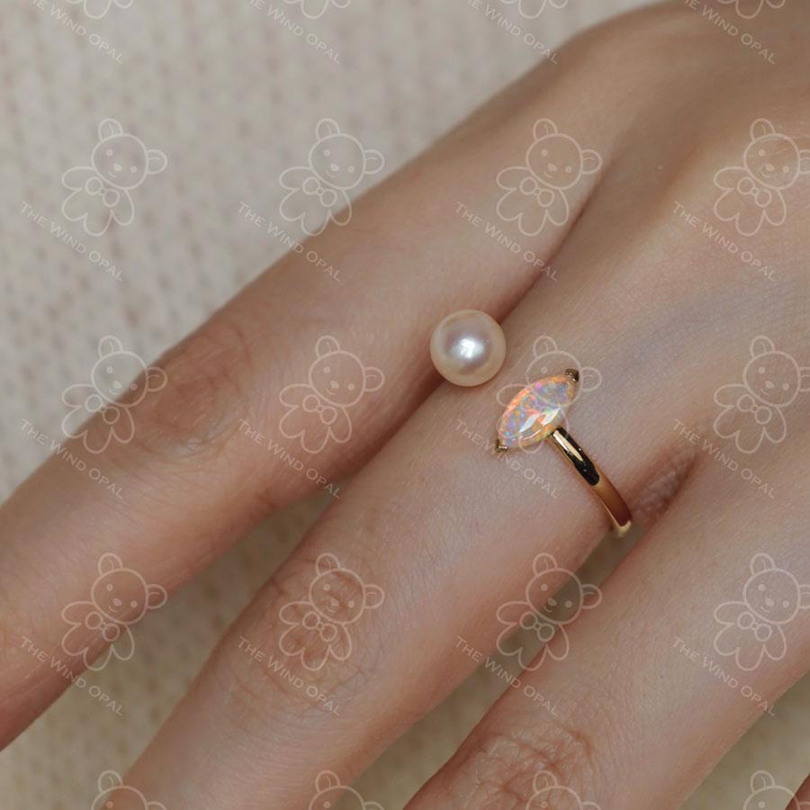 Women's or Men's Australian Solid Opal with Akoya Pearl Open Adjustable Ring 18K Yellow Gold For Sale