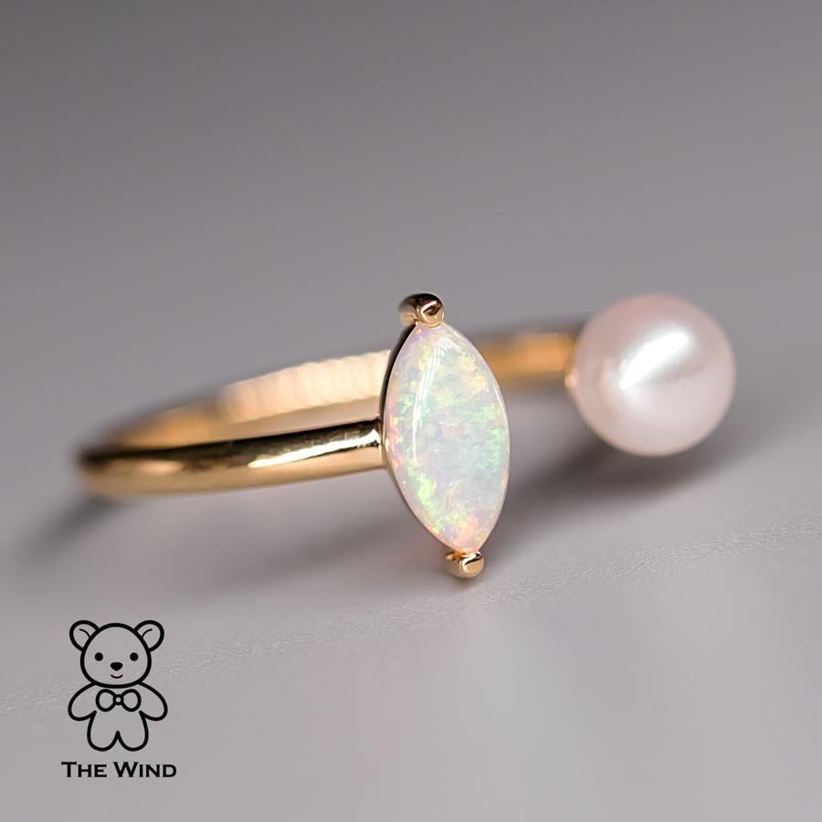 Australian Solid Opal with Akoya Pearl Open Adjustable Ring 18K Yellow Gold For Sale 3