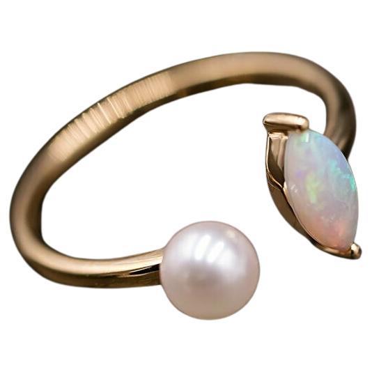Australian Solid Opal with Akoya Pearl Open Adjustable Ring 18K Yellow Gold For Sale