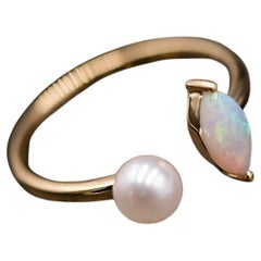 Bague ouverte réglable en or jaune 18 carats, opale massive australienne et perle Akoya