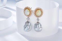 EOSTRE Australian Solid White Opal and South Sea Pearl in Baroque Shape Earring