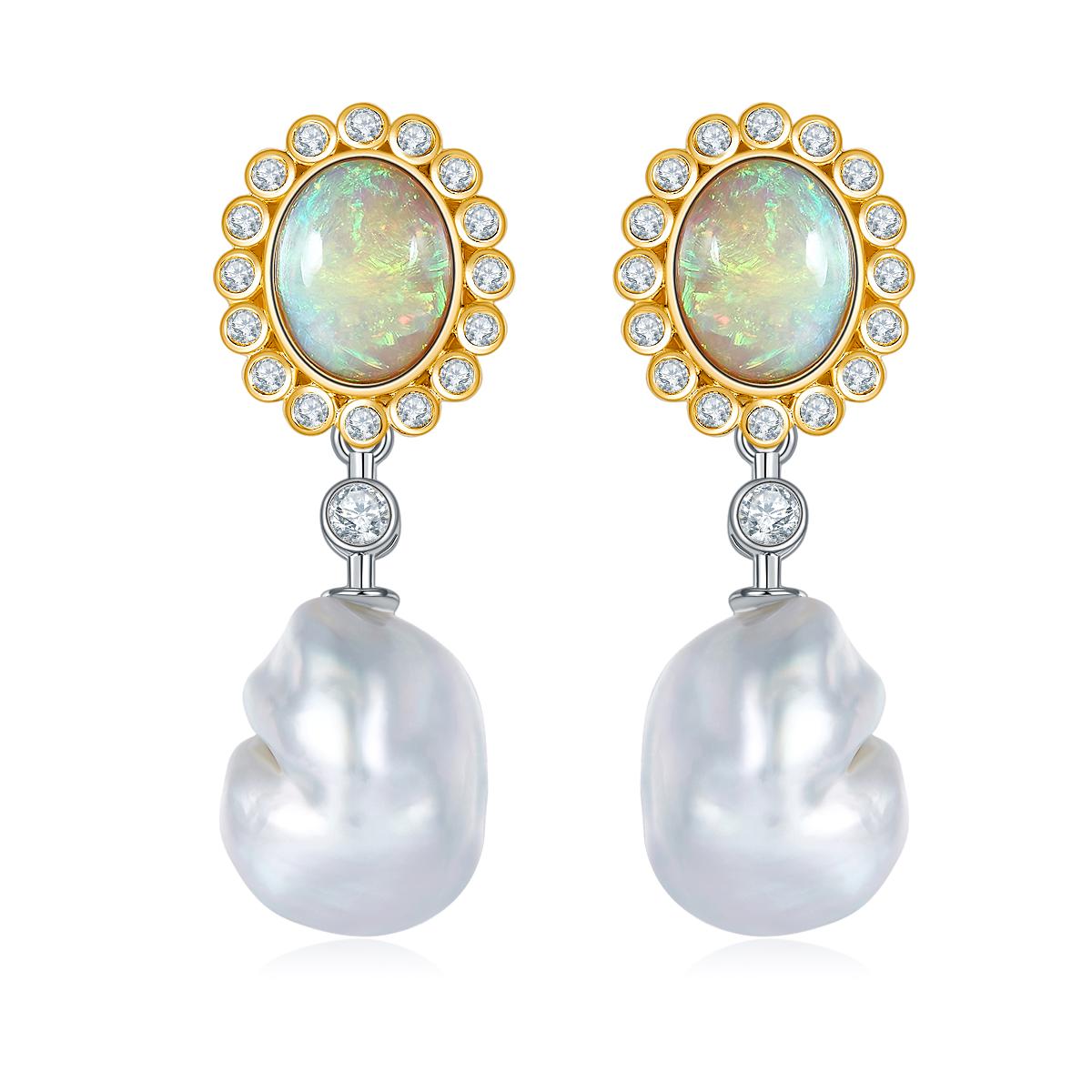 EOSTRE Australischer Ohrring aus massivem weißem Opal und Südseeperle in Barockform (Cabochon) im Angebot