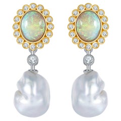 Australian Solid White Opal and South Sea Pearl in Baroque Shape Earring