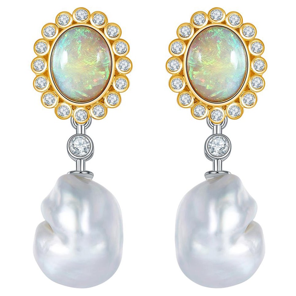 EOSTRE Australian Solid White Opal and South Sea Pearl in Baroque Shape Earring For Sale