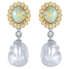 EOSTRE Australian Solid White Opal and South Sea Pearl in Baroque Shape Earring