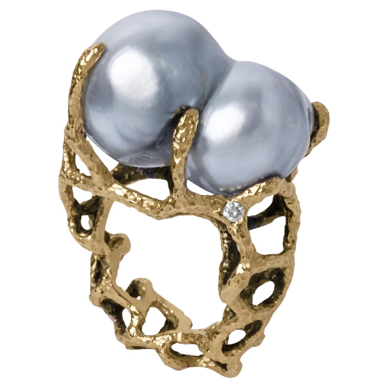 Australian South Sea Baroque Pearl 18K Yellow Gold Diamond Cocktail Ring For Sale