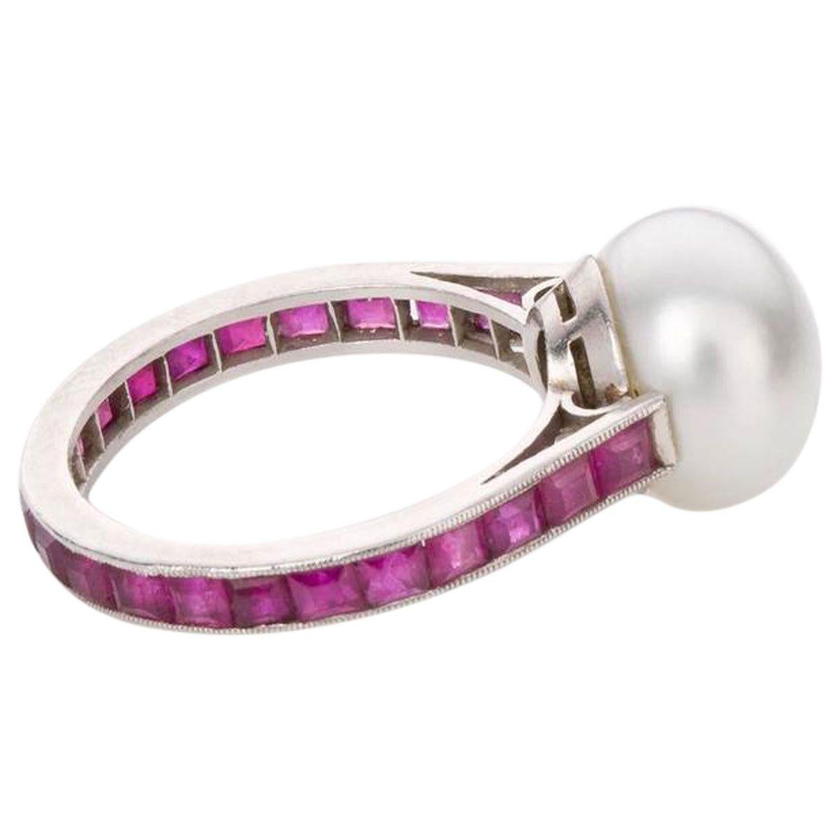 Contemporary Australian South Sea Pearl and Ruby Platinum Never Ending Ring For Sale