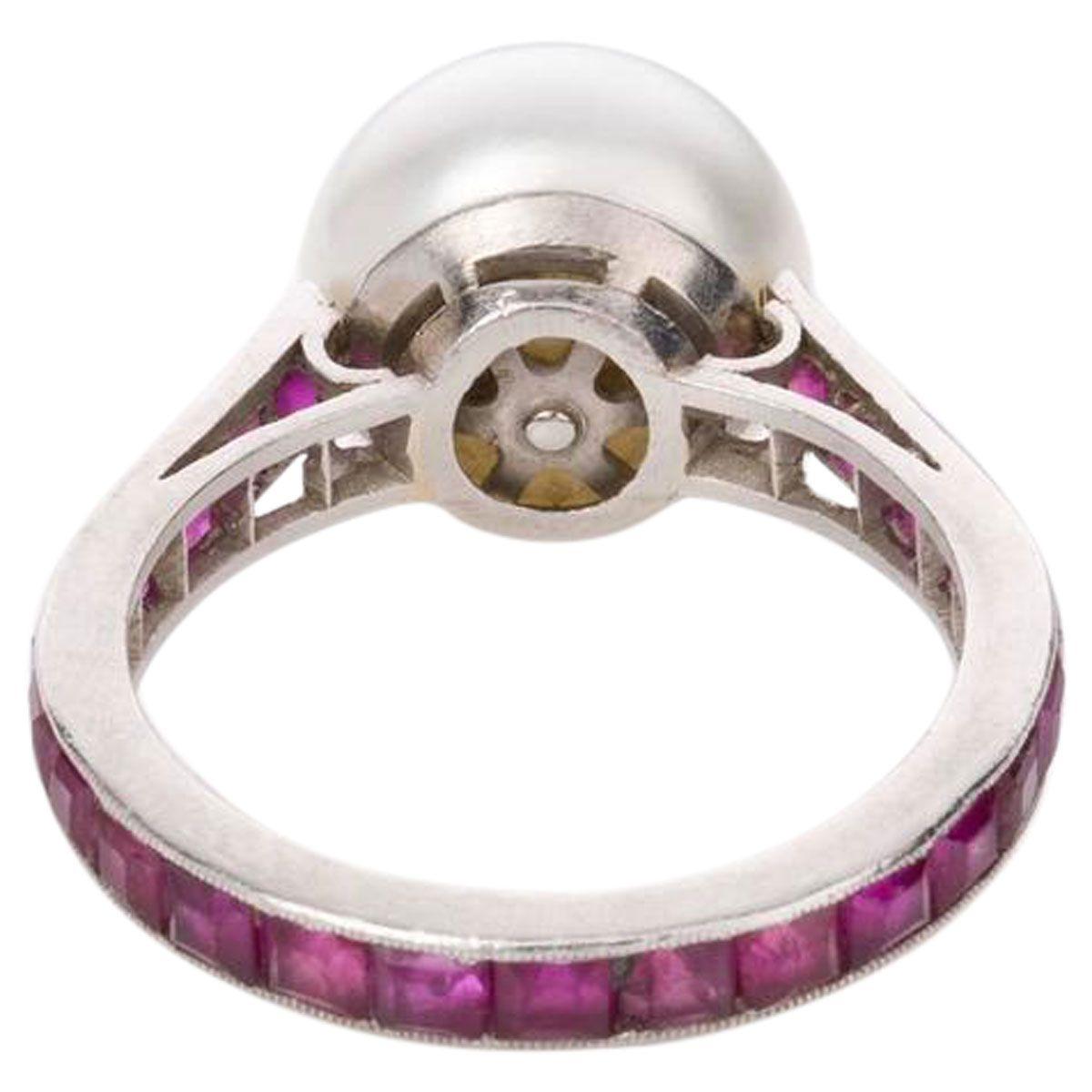 French Cut Australian South Sea Pearl and Ruby Platinum Never Ending Ring For Sale