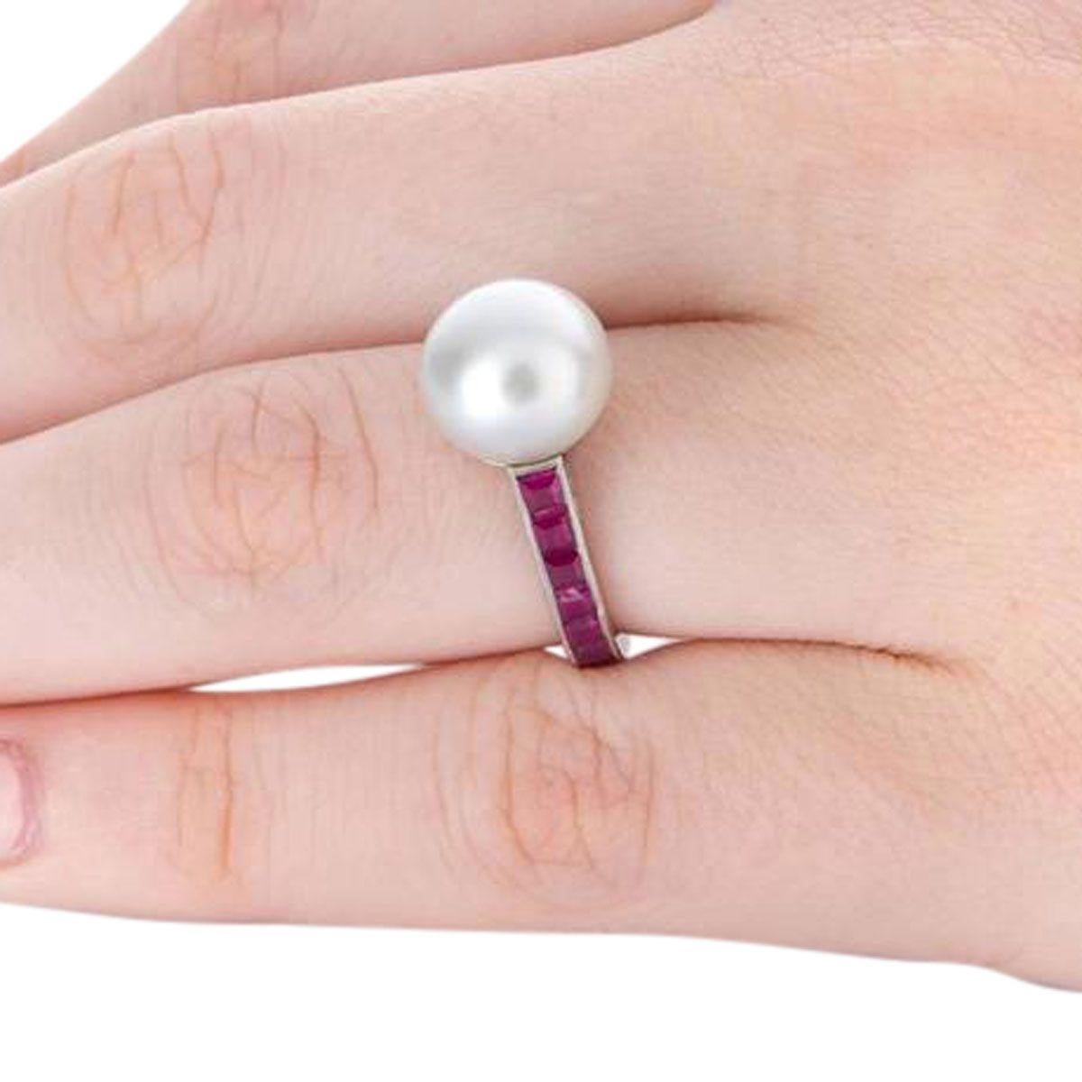 Women's Australian South Sea Pearl and Ruby Platinum Never Ending Ring For Sale