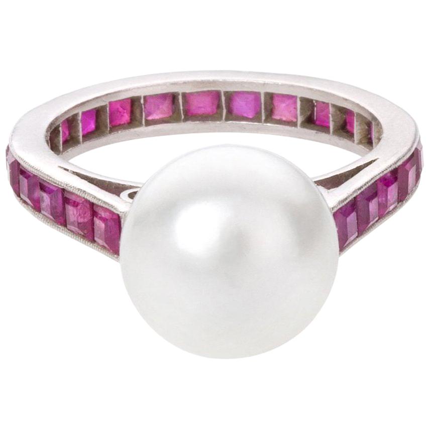 Australian South Sea Pearl and Ruby Platinum Never Ending Ring For Sale