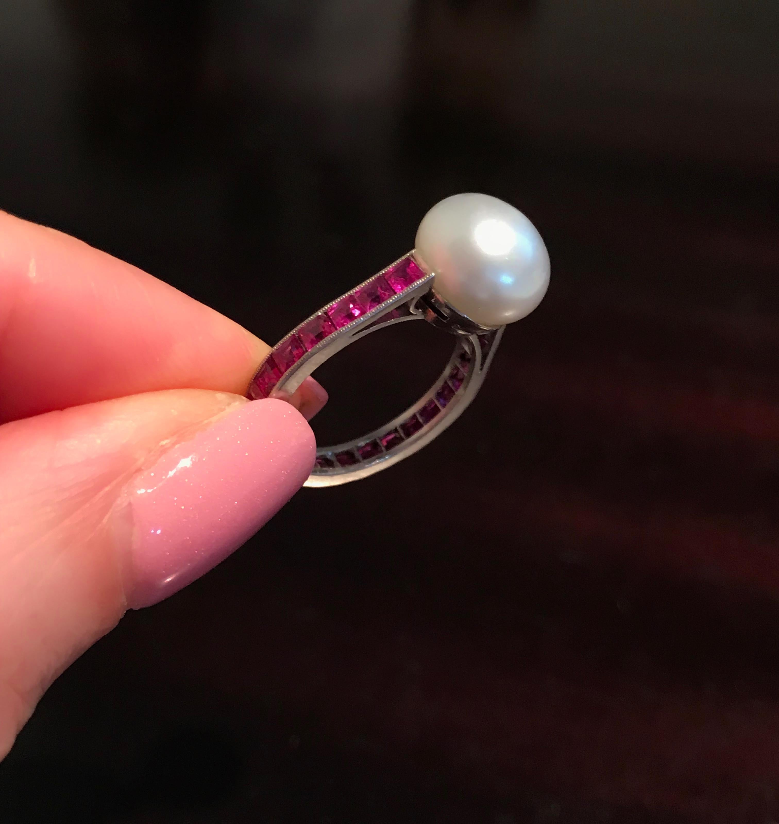 Australian South Sea Pearl and Ruby Platinum Never Ending Ring For Sale 4