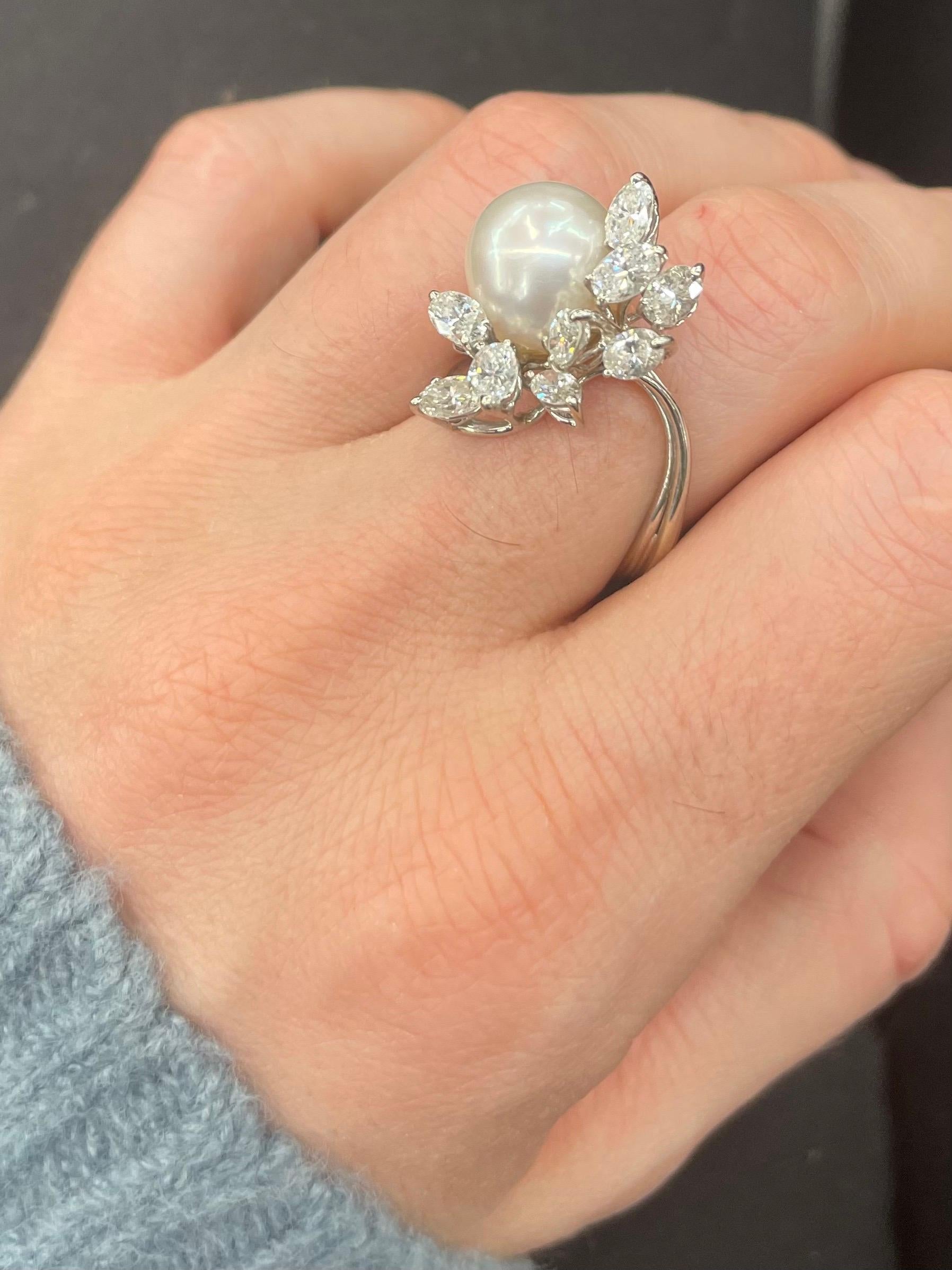 Australian South Sea Pearl Diamond Cluster Cocktail Ring 2 Carats 14K White Gold For Sale 7