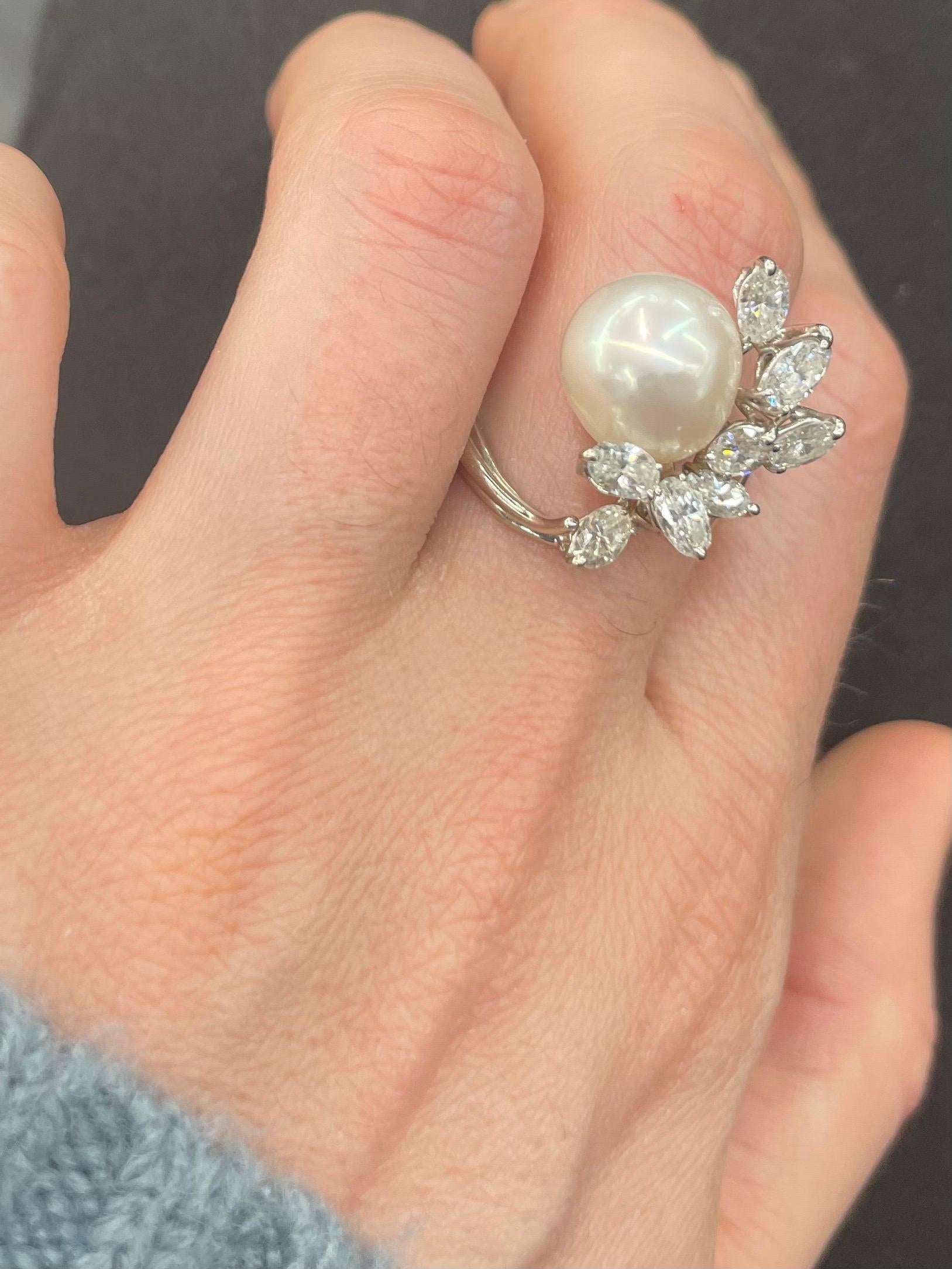 Australian South Sea Pearl Diamond Cluster Cocktail Ring 2 Carats 14K White Gold 8