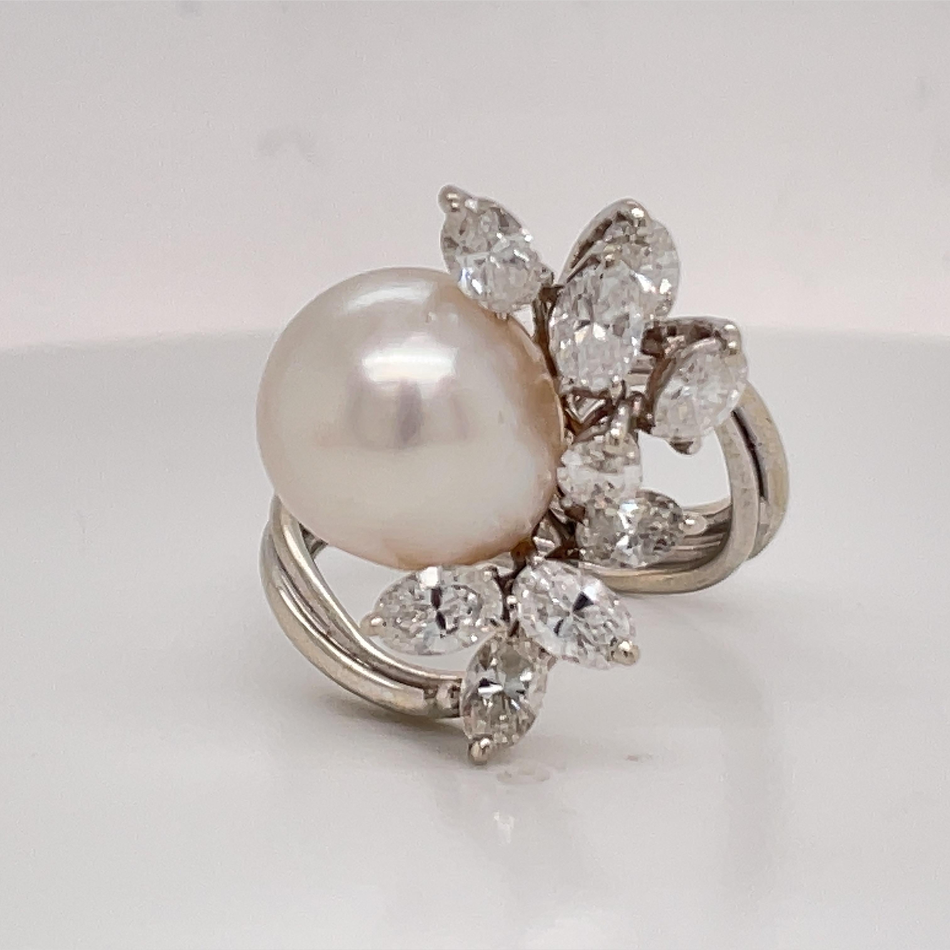 Oval Cut Australian South Sea Pearl Diamond Cluster Cocktail Ring 2 Carats 14K White Gold