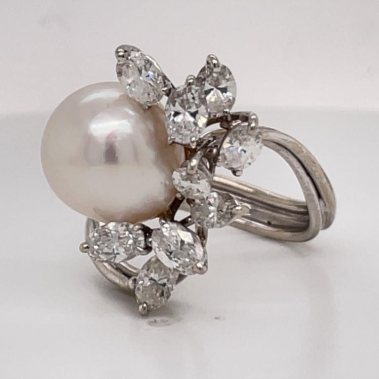 Australian South Sea Pearl Diamond Cluster Cocktail Ring 2 Carats 14K ...