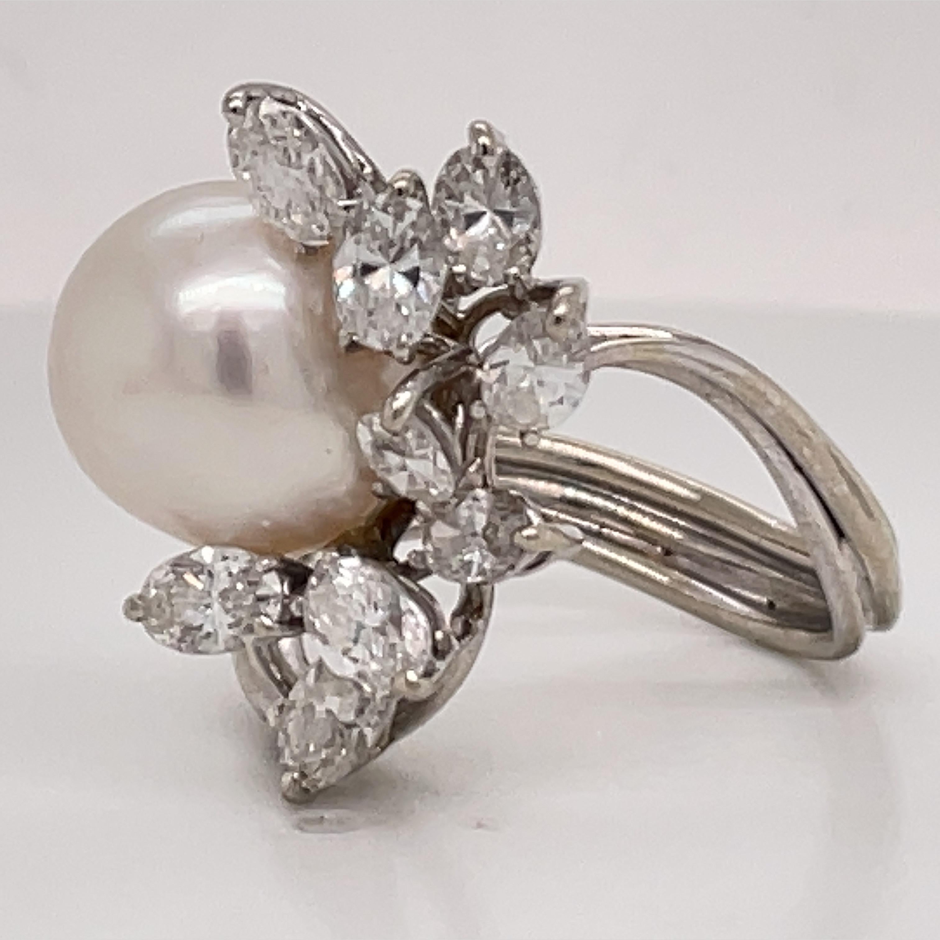 Women's Australian South Sea Pearl Diamond Cluster Cocktail Ring 2 Carats 14K White Gold