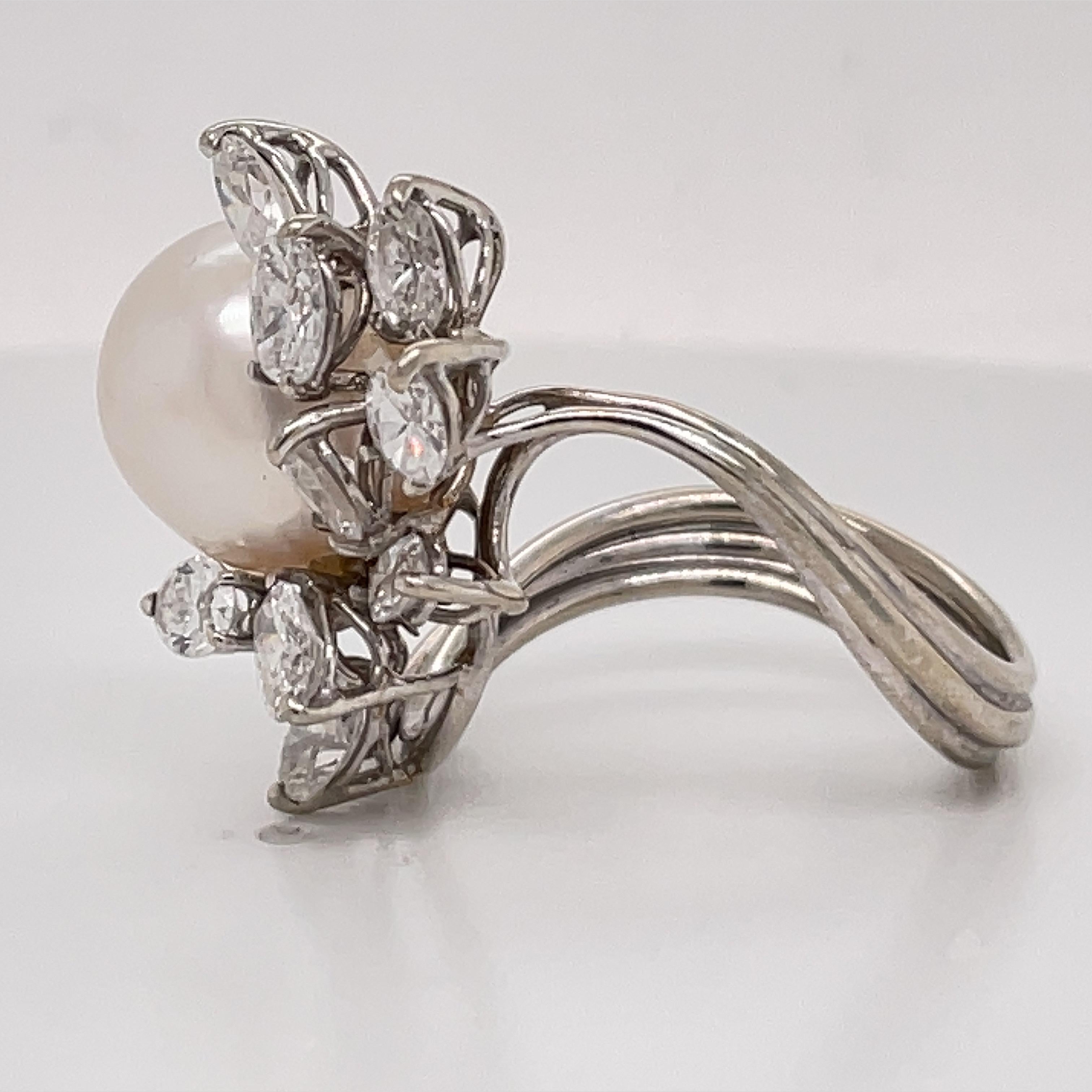 Australian South Sea Pearl Diamond Cluster Cocktail Ring 2 Carats 14K White Gold 1