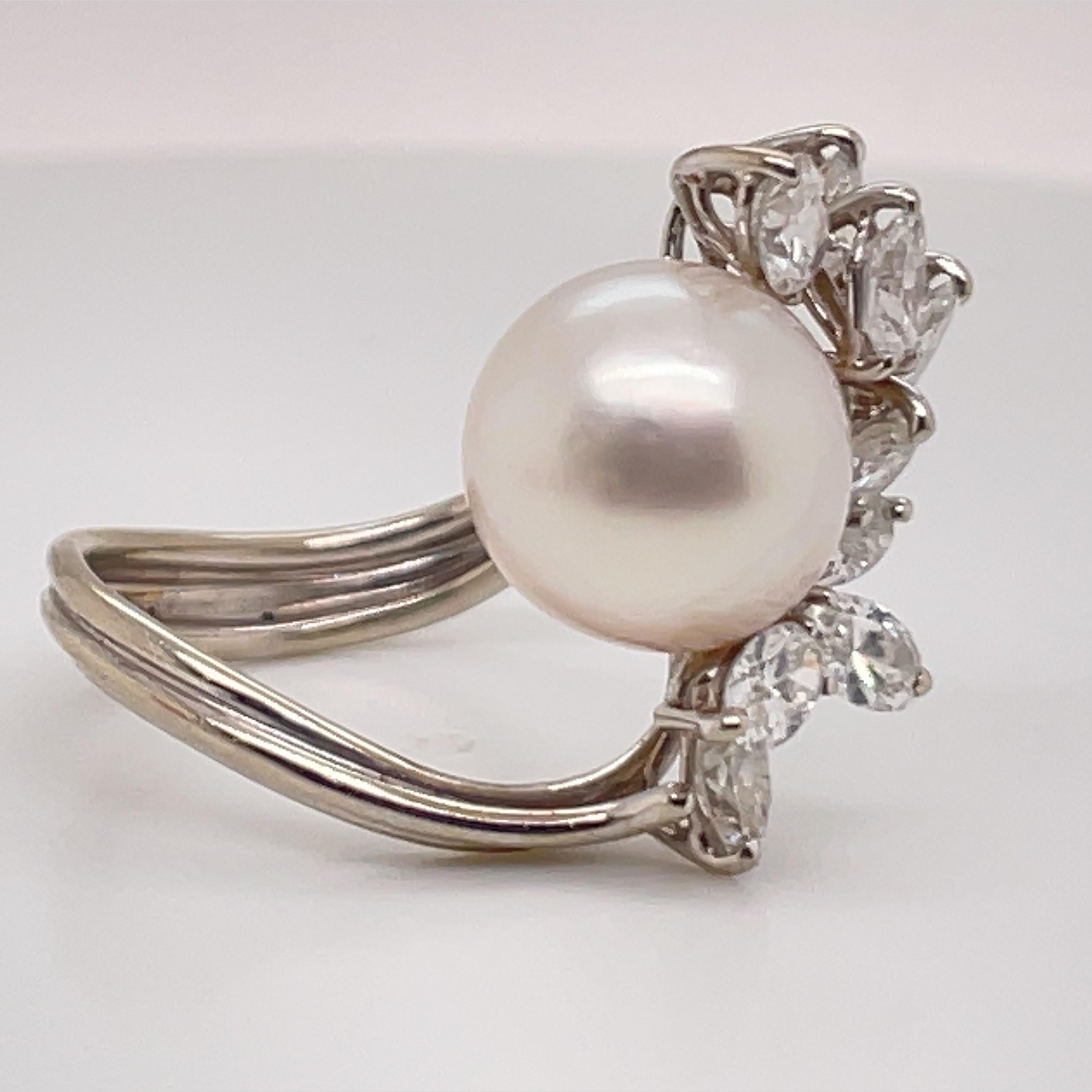 Australian South Sea Pearl Diamond Cluster Cocktail Ring 2 Carats 14K White Gold 2