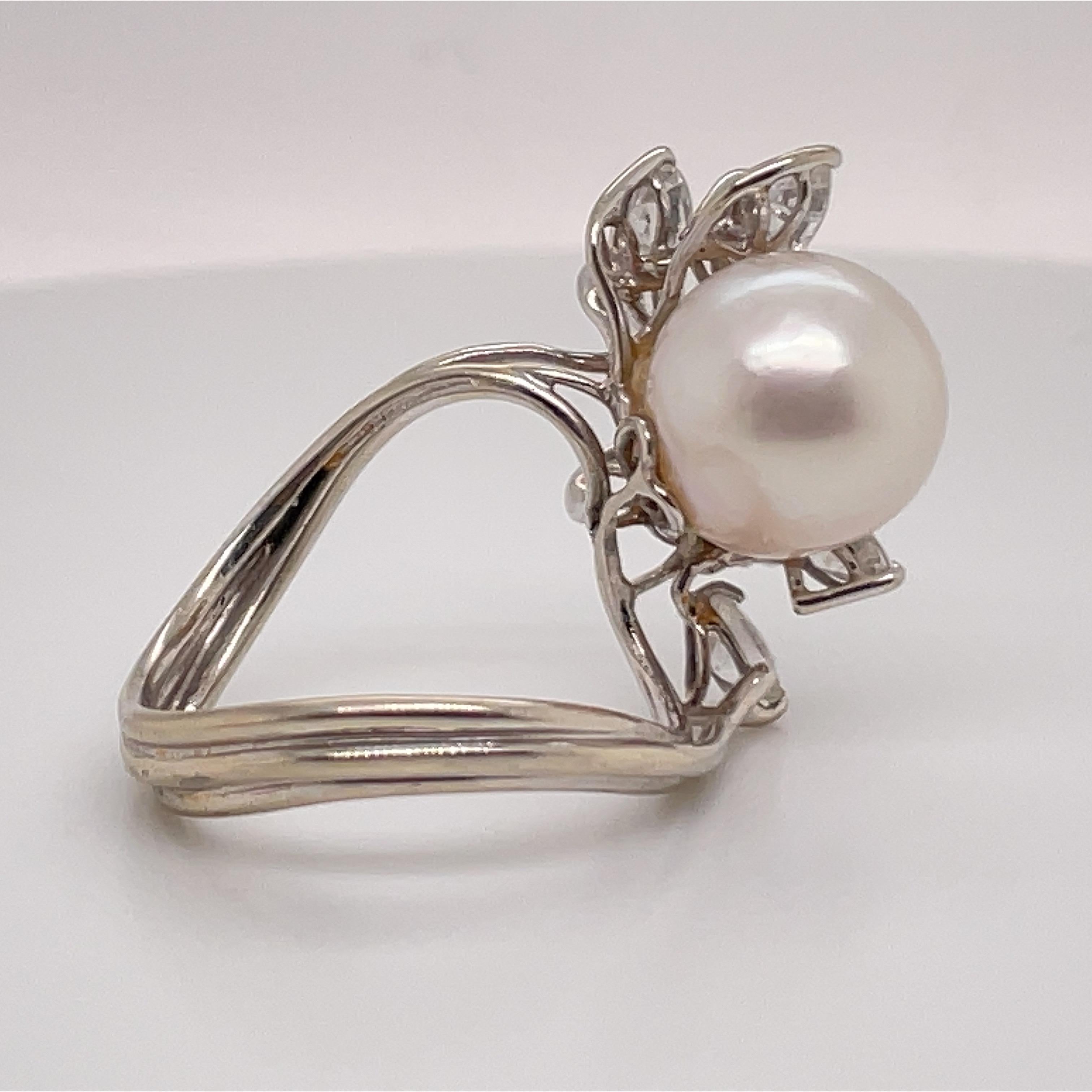 Australian South Sea Pearl Diamond Cluster Cocktail Ring 2 Carats 14K White Gold For Sale 3