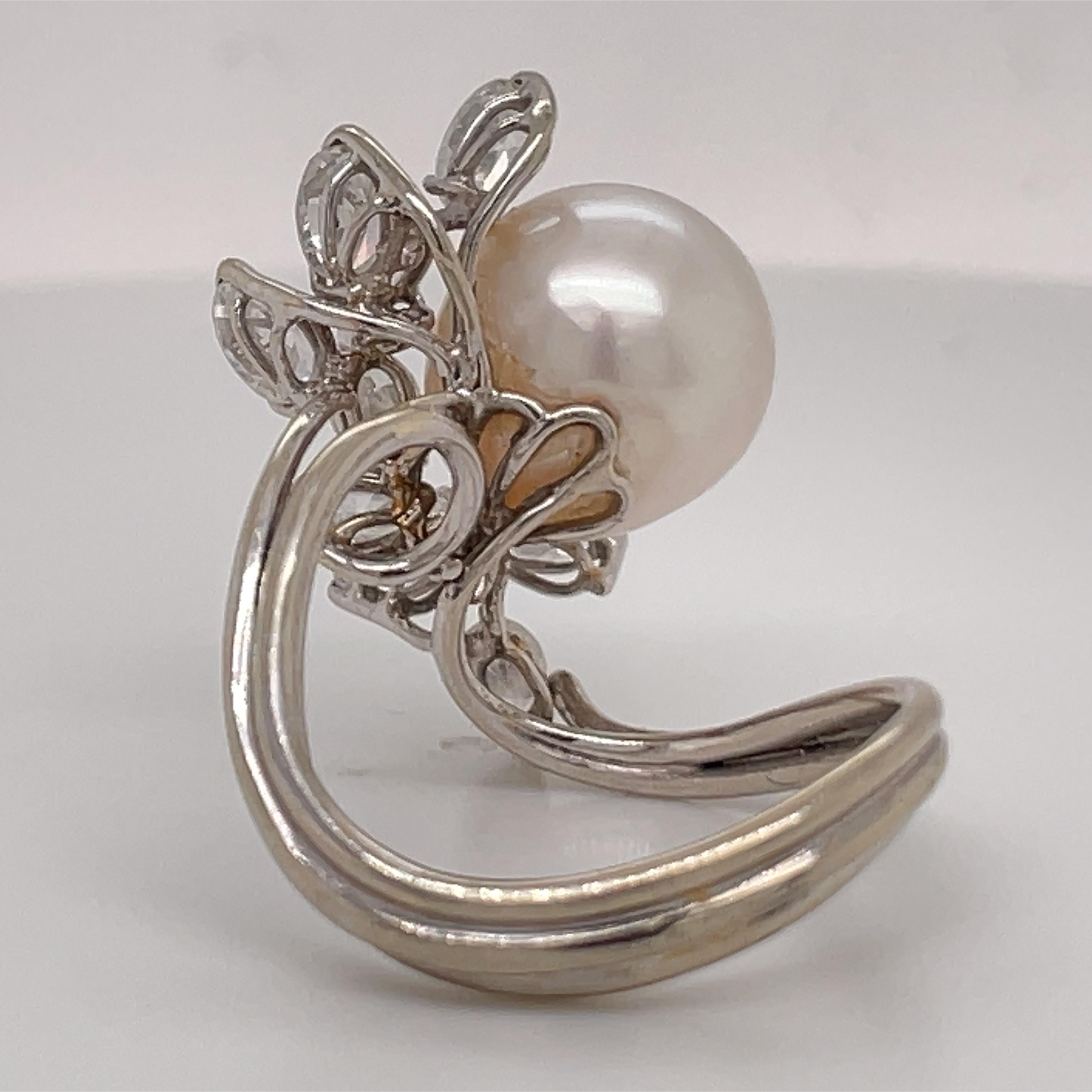 Australian South Sea Pearl Diamond Cluster Cocktail Ring 2 Carats 14K White Gold For Sale 5