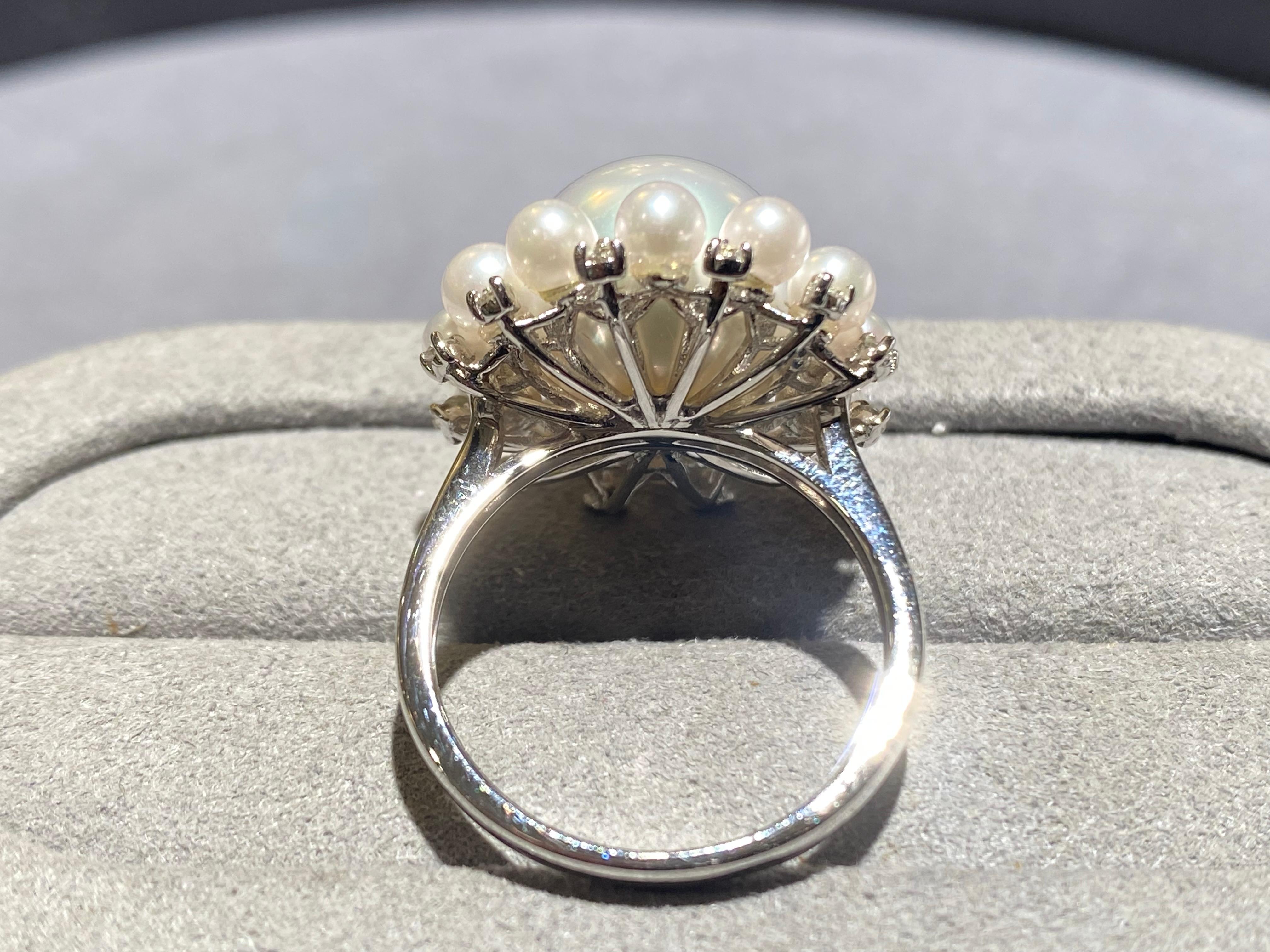 Contemporary Australian South Sea Pearl, Seed Pearl and Diamond Ring in 18k White Gold For Sale