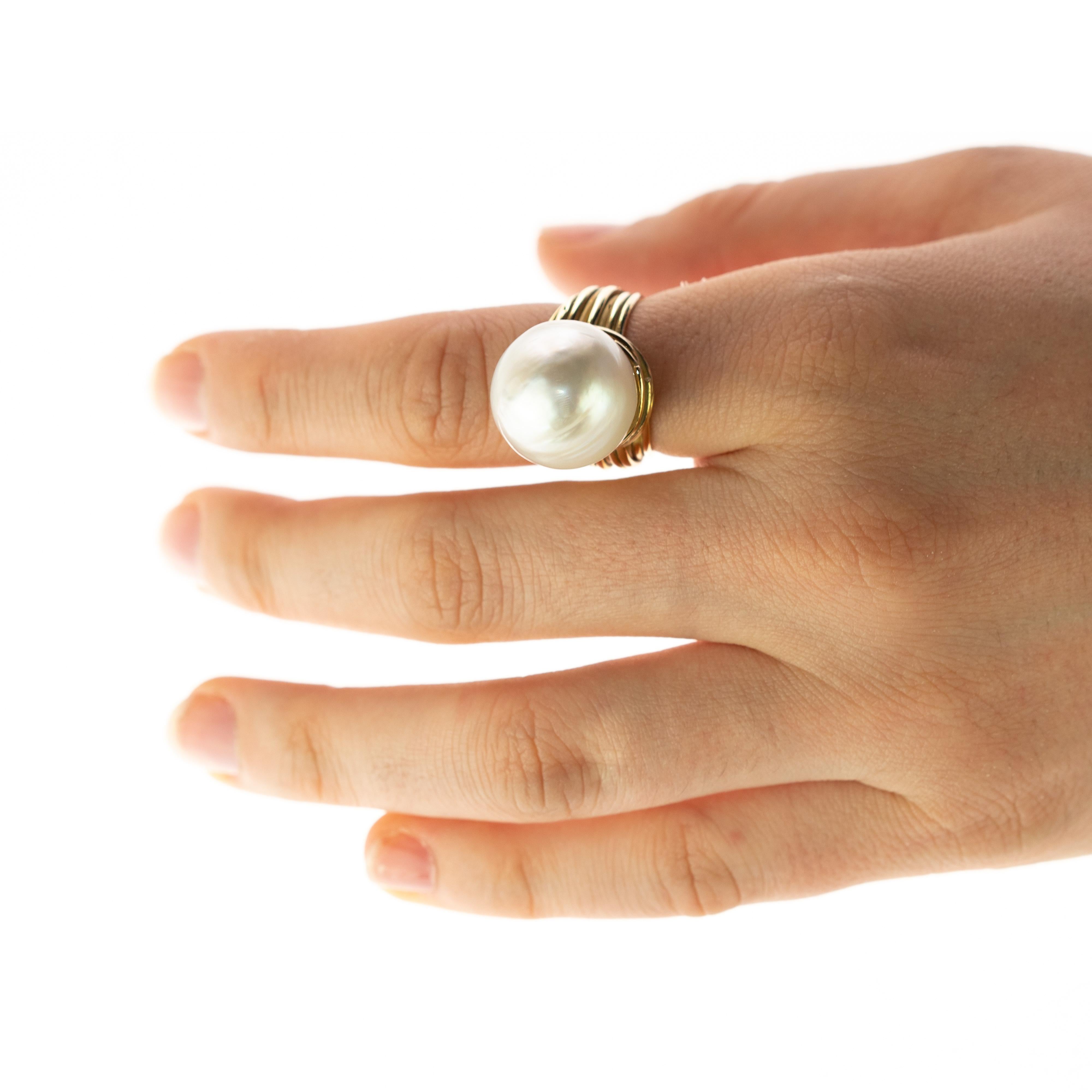 Australian South Sea Pearl Woven 18 Karat Gold Romantic Round Cocktail Ring For Sale 5