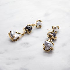 Australian South Sea, Tahitian Keshi Pearl 18K Yellow Gold Drop Earrings