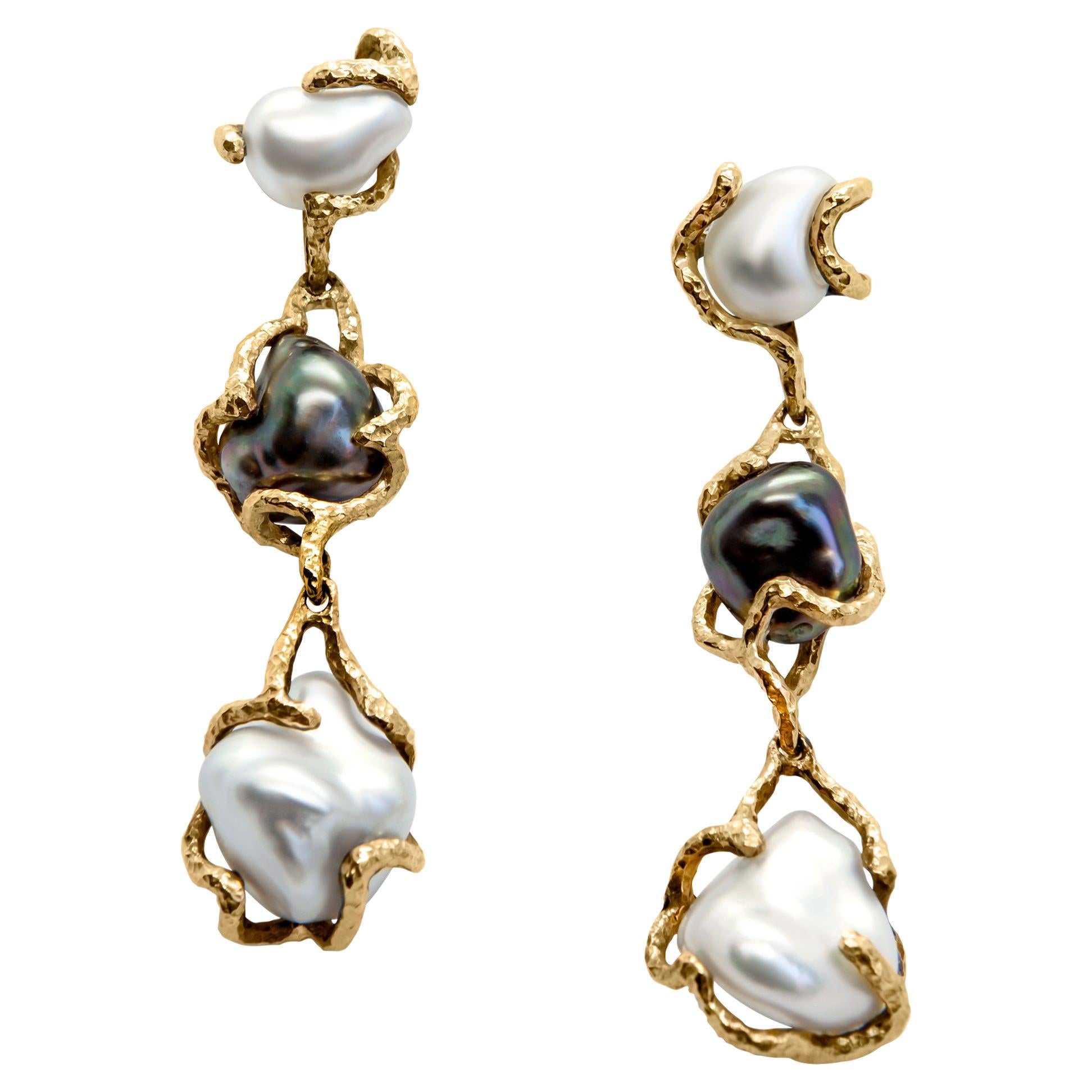 Australian South Sea, Tahitian Keshi Pearl 18K Yellow Gold Drop Earrings For Sale