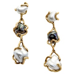 Australian South Sea, Tahitian Keshi Pearl 18K Yellow Gold Drop Earrings