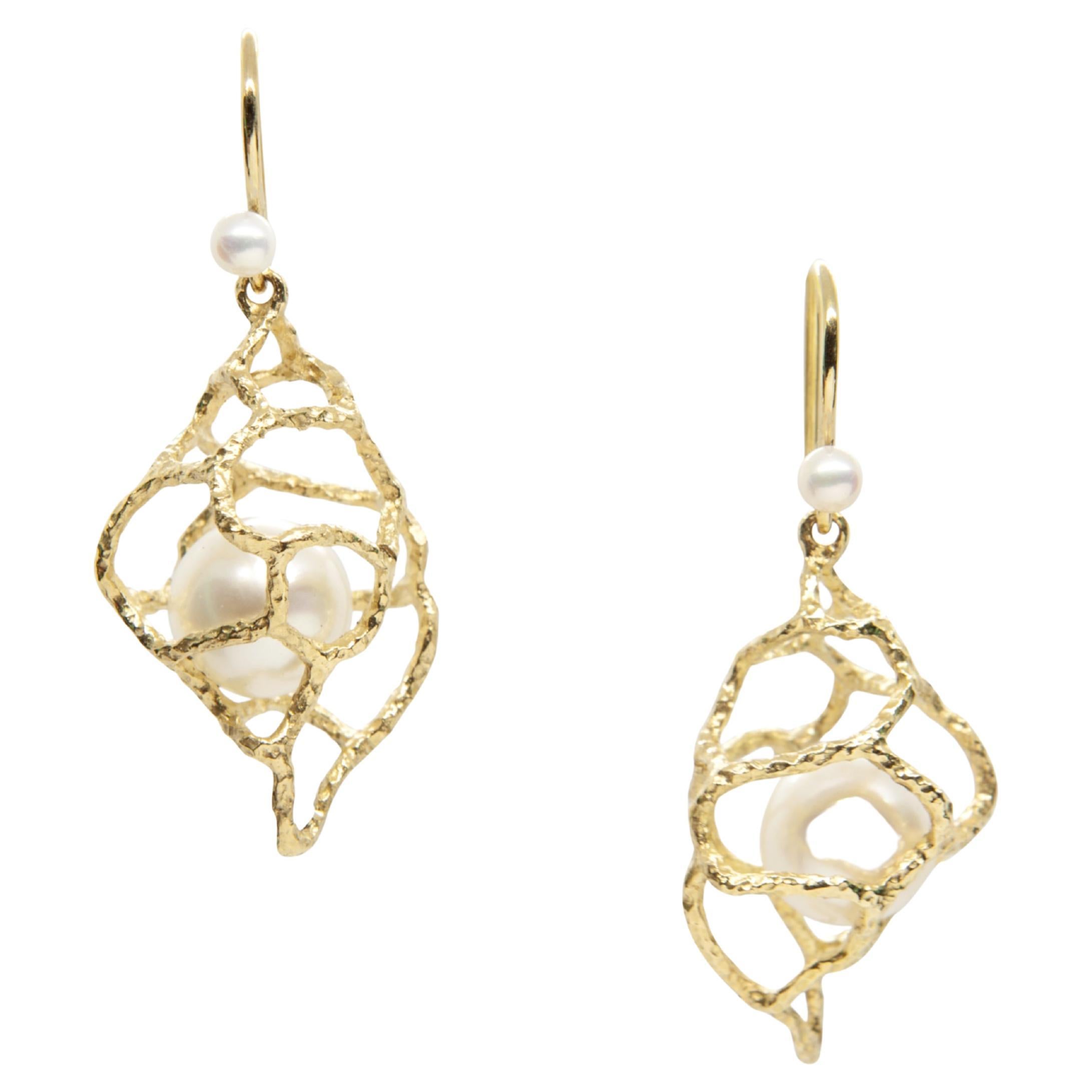 Australian South Sea White Pearl 18K Yellow Gold Conch Drop Earrings For Sale