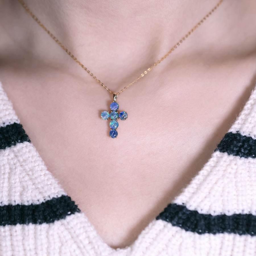 Arts and Crafts Australian Triplet Opal Cross Pendant Necklace 14K Yellow Gold For Sale