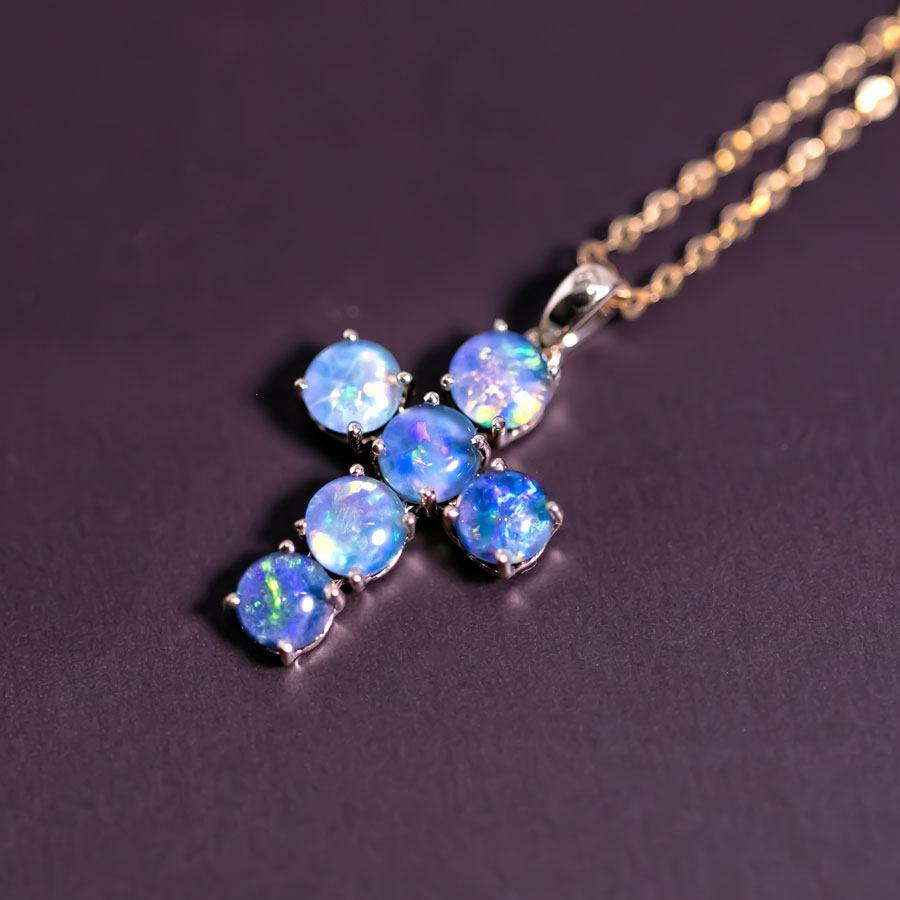 Brilliant Cut Australian Triplet Opal Cross Pendant Necklace 14K Yellow Gold For Sale