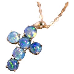 Australian Triplet Opal Cross Pendant Necklace 14K Yellow Gold