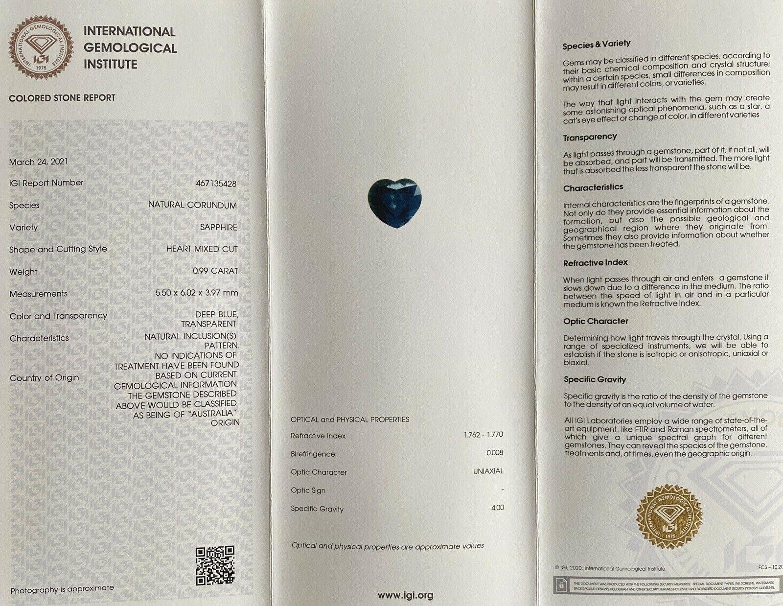Women's or Men's Australian Untreated Deep Green Blue Teal Sapphire Heart Cut IGI Certified