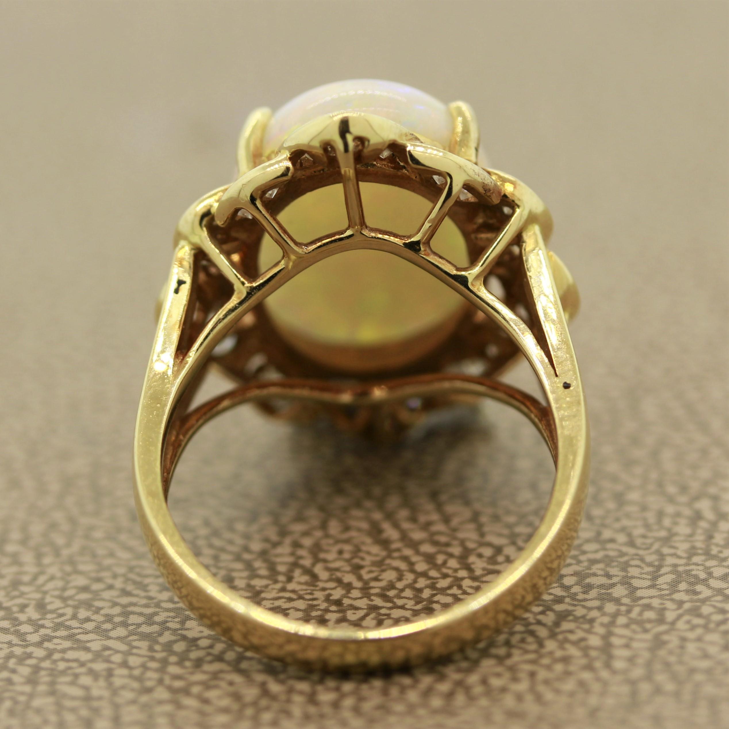 Cabochon Australian White Opal Diamond Gold Ring For Sale