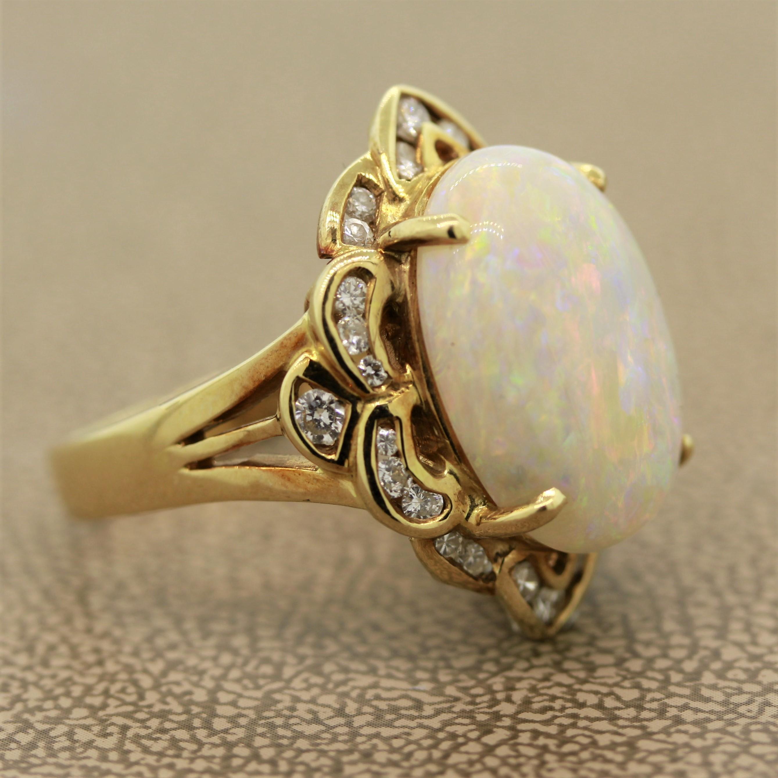 Women's Australian White Opal Diamond Gold Ring For Sale