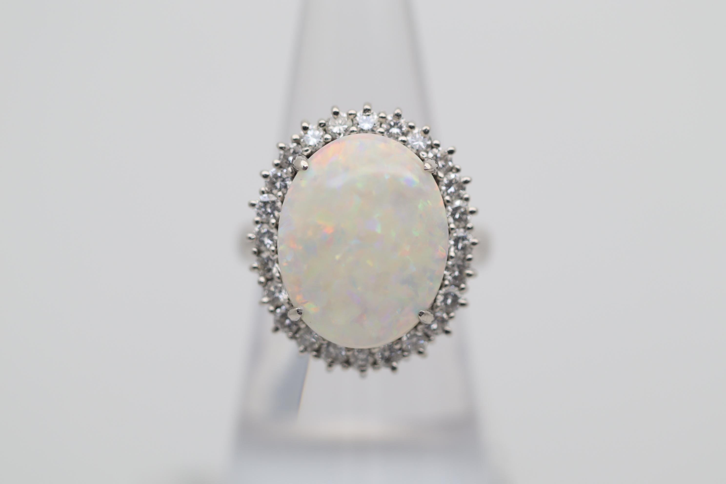 Cabochon Australian White Opal Diamond Platinum Ring For Sale