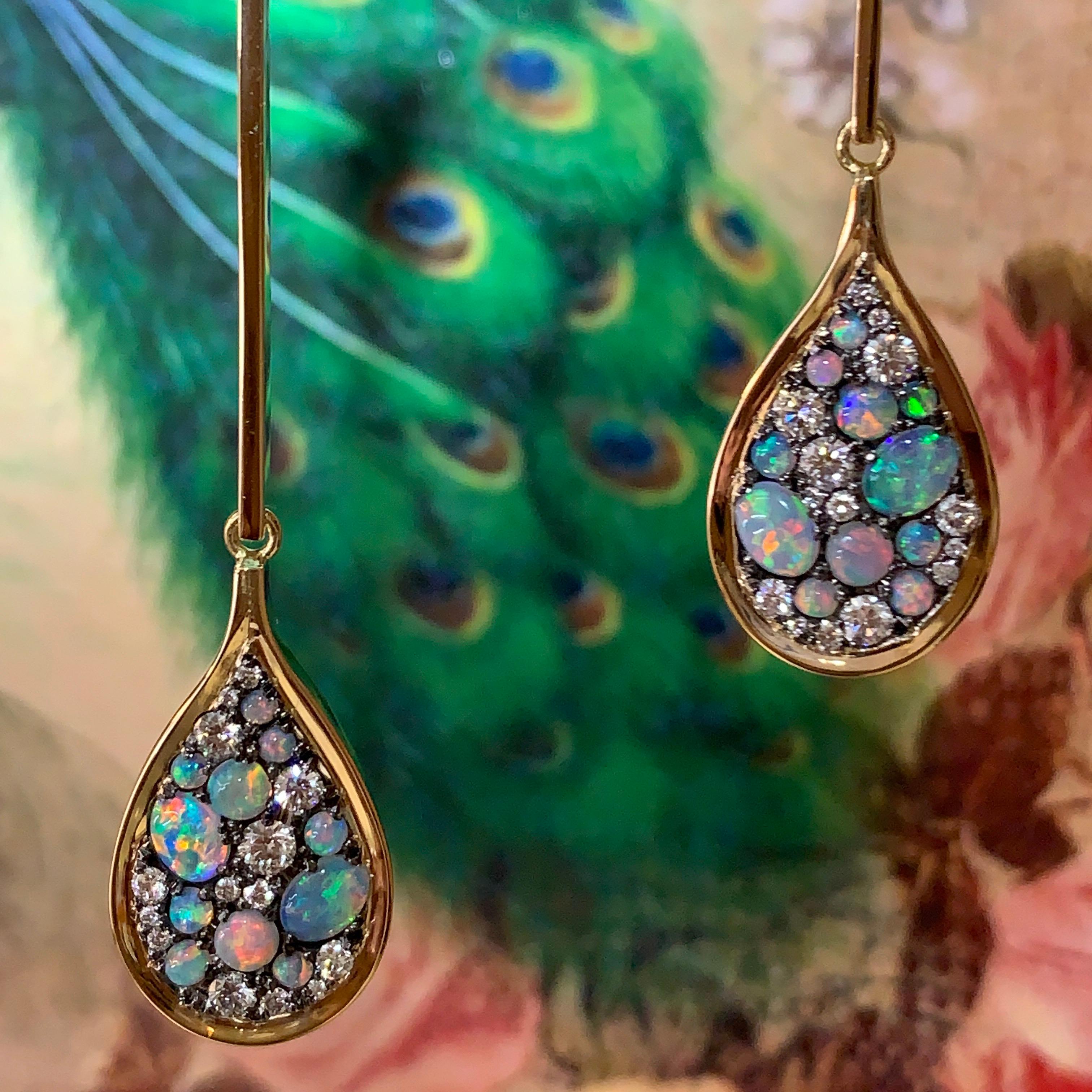 Contemporary Australian White Opal and White Diamond Pave Long Earrings