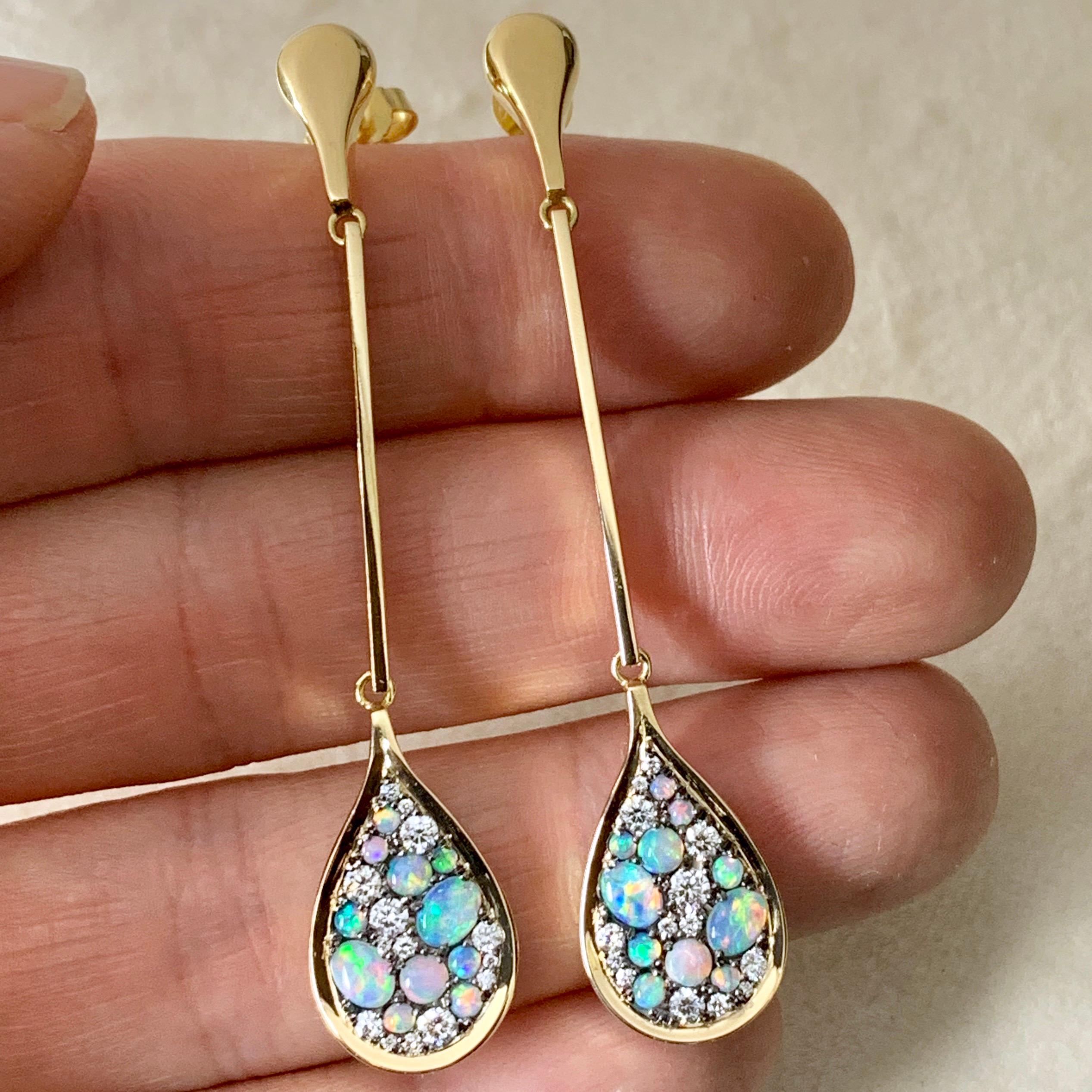 Oval Cut Australian White Opal and White Diamond Pave Long Earrings