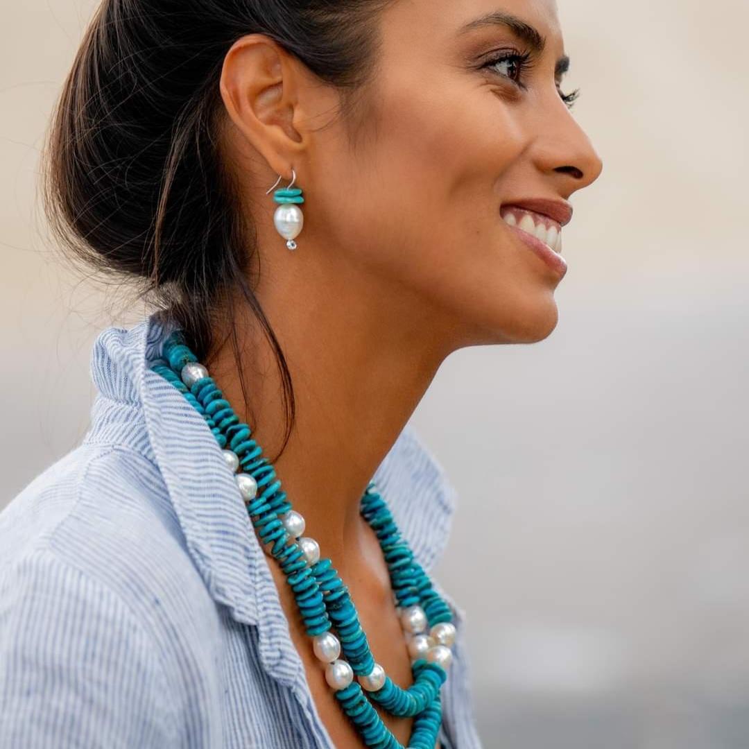 Artisan Australian White Pearl and Blue Turquoise Necklace For Sale