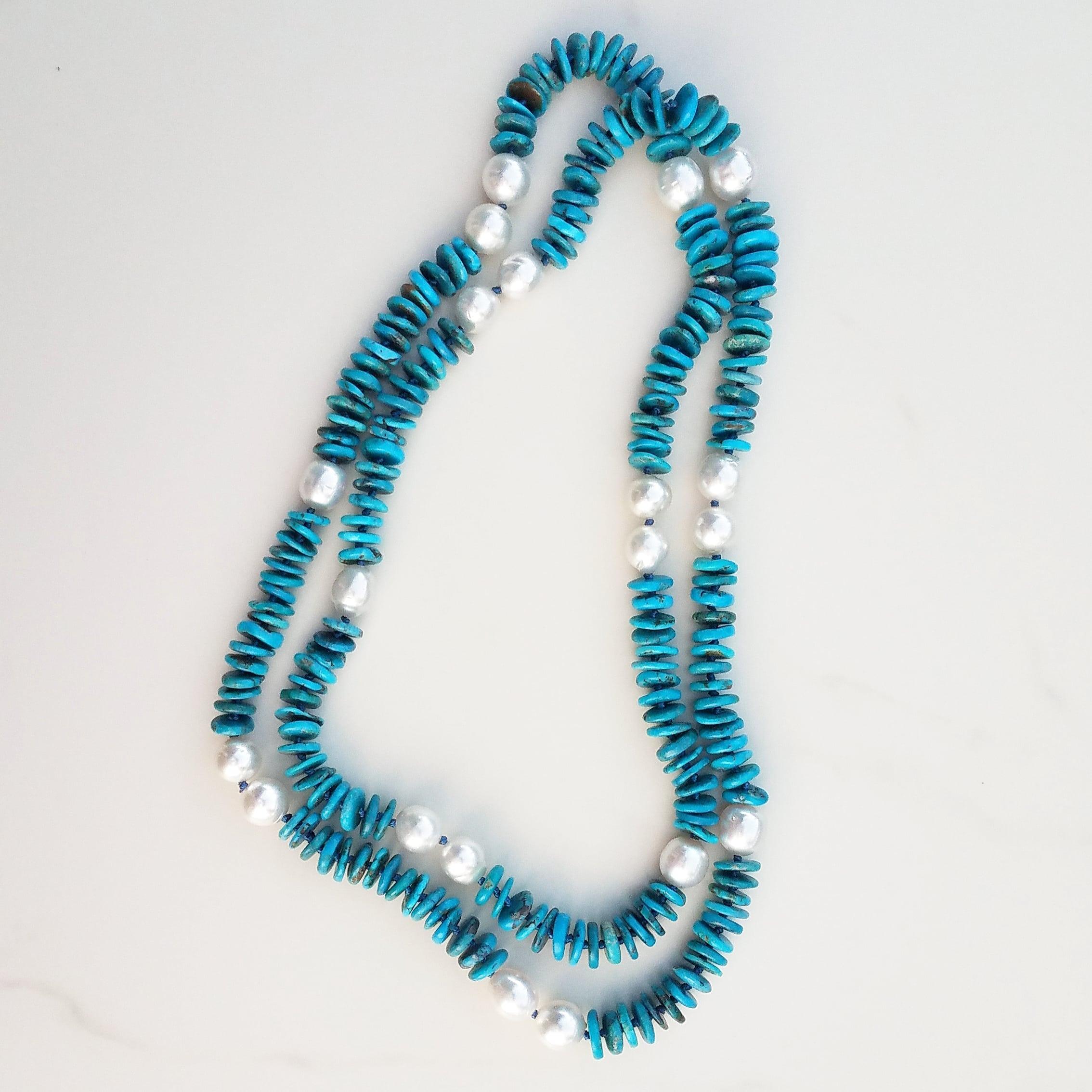 Bead Australian White Pearl and Blue Turquoise Necklace For Sale